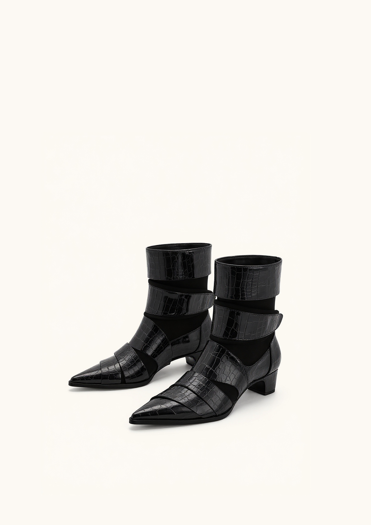 Bottines à sangle en cuir gaufré croco Emily - Noir