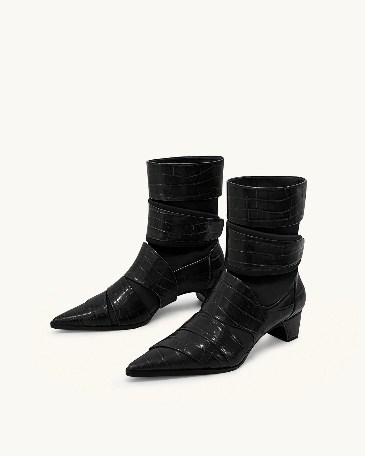 Bottines à sangle en cuir gaufré croco Emily - Noir
