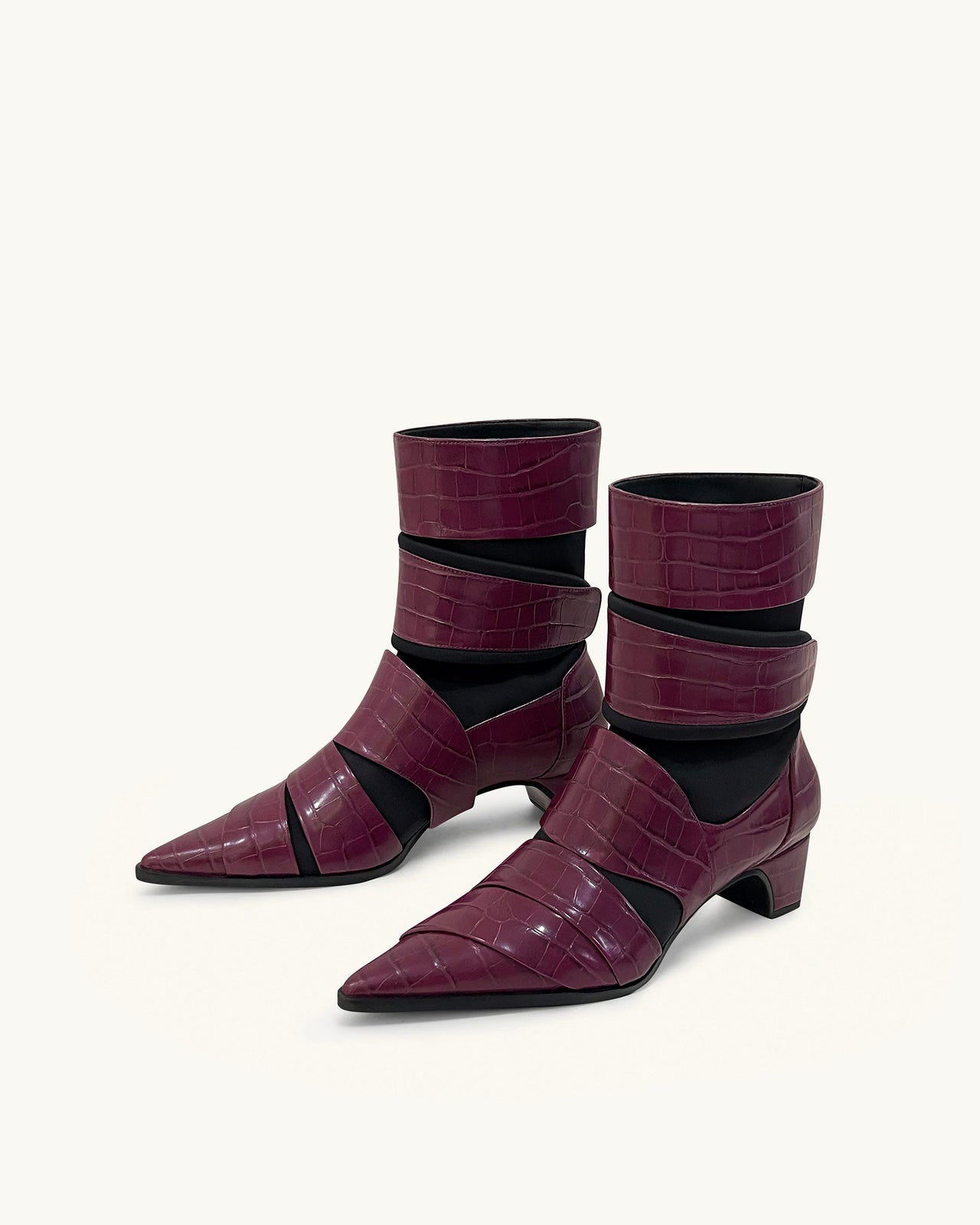 Bottines à sangle en cuir gaufré croco Emily - Bordeaux