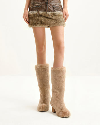 Bottes Isabella en fausse fourrure à tige plissée - Beige