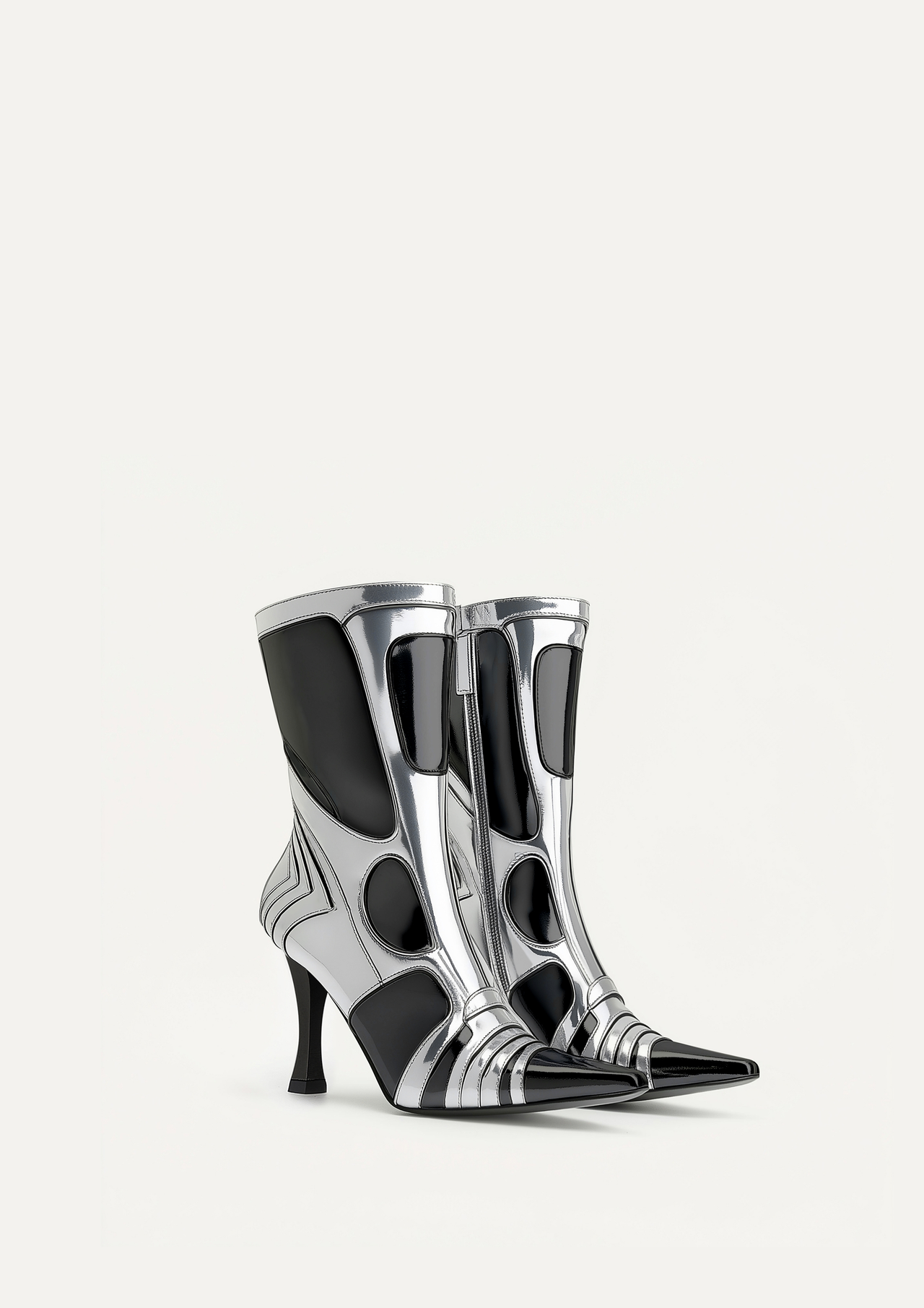 Bottines à talons futuristes Odette - Argent et Noir