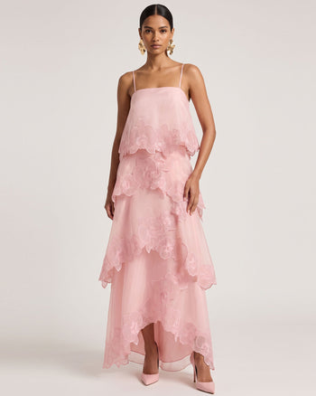 Robe longue superposée brodée d'orchidées - Rose poudré