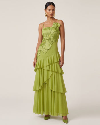 Robe longue asymétrique à volants et broderie orchidée - Vert olive