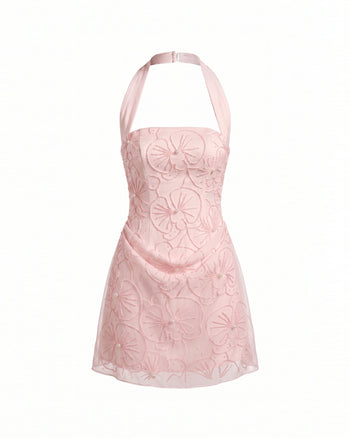 Mini-robe dos nu à encolure carrée brodée de perles Orchidée - Rose poudré