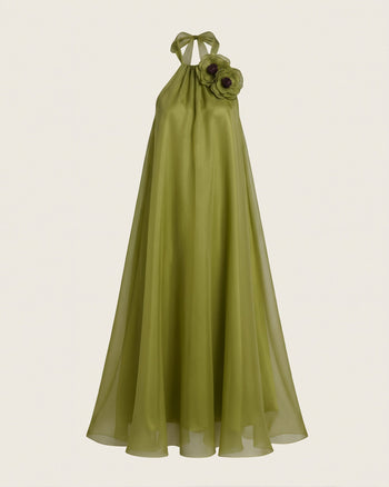 Poppy Robe midi trapèze avec détails brodés au niveau du cou - Vert olive