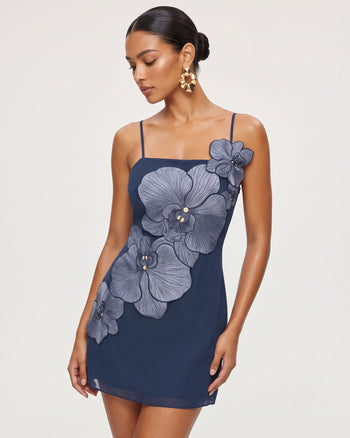 Mini-robe à application d'orchidée - Bleu foncé