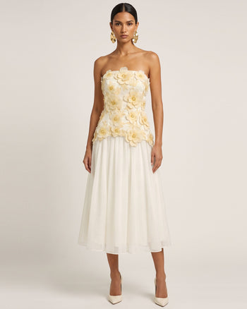 Robe midi bustier brodée de fleurs - Ivoire