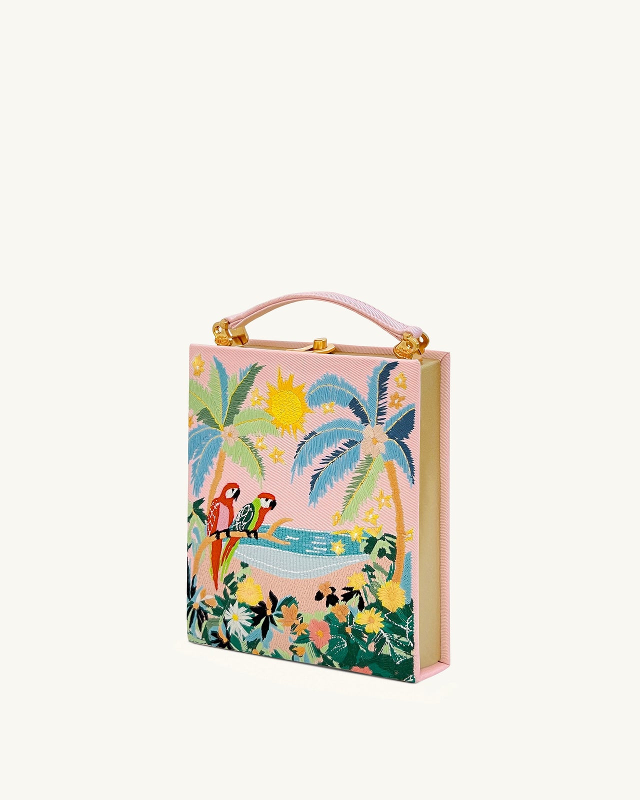 Sac Pochette Taya en forme de livre avec motif perroquet tropical – Rose