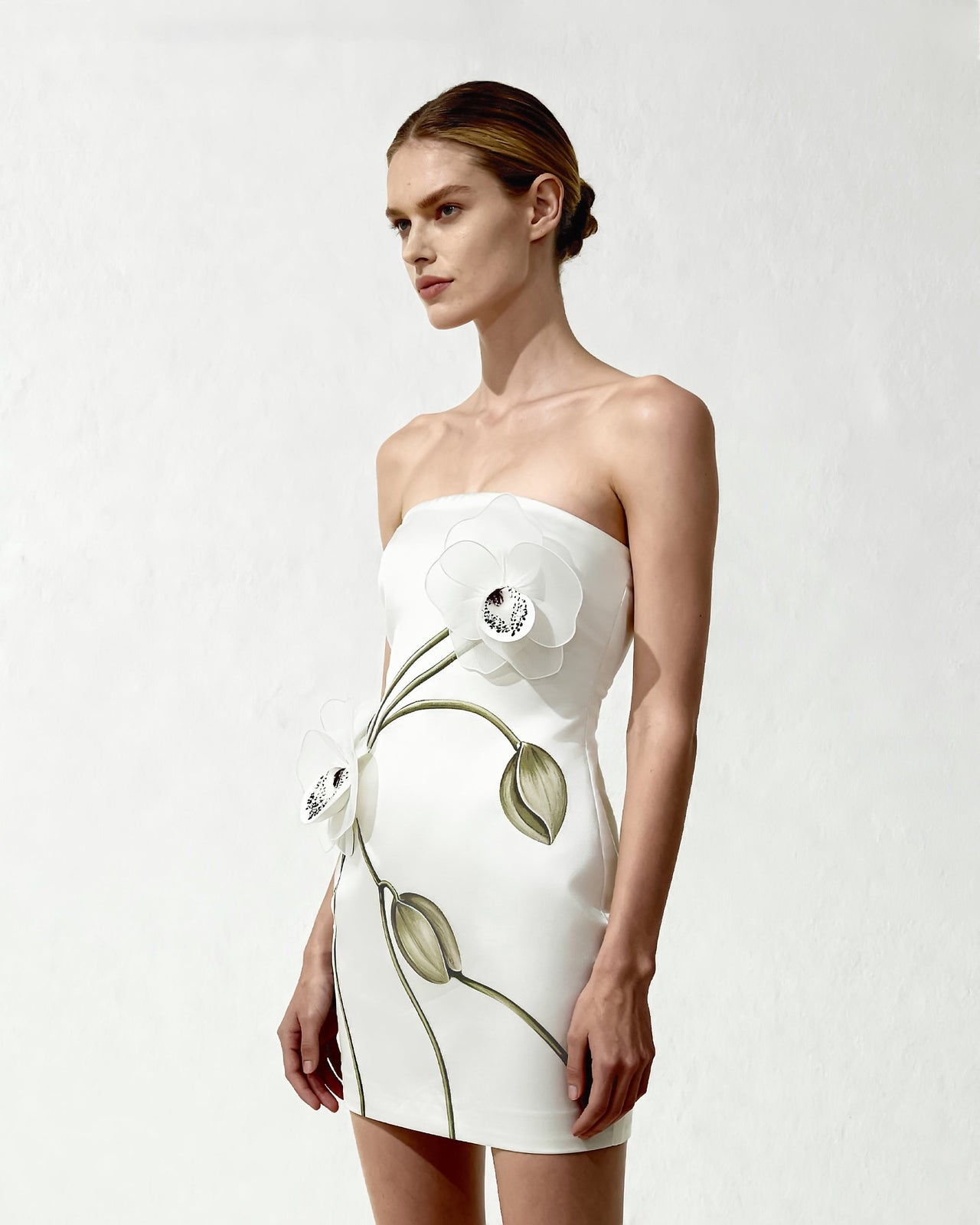 Robe bustier à appliqué orchidée - Blanc