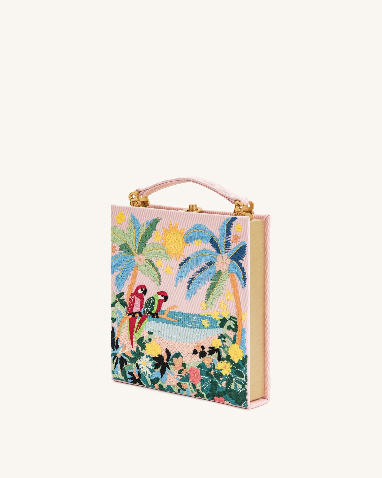 Sac Pochette Taya en forme de livre avec motif perroquet tropical – Rose