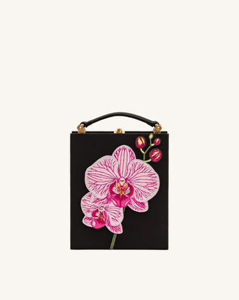 Pochette Taya en forme de livre avec motif d’orchidée – Noir