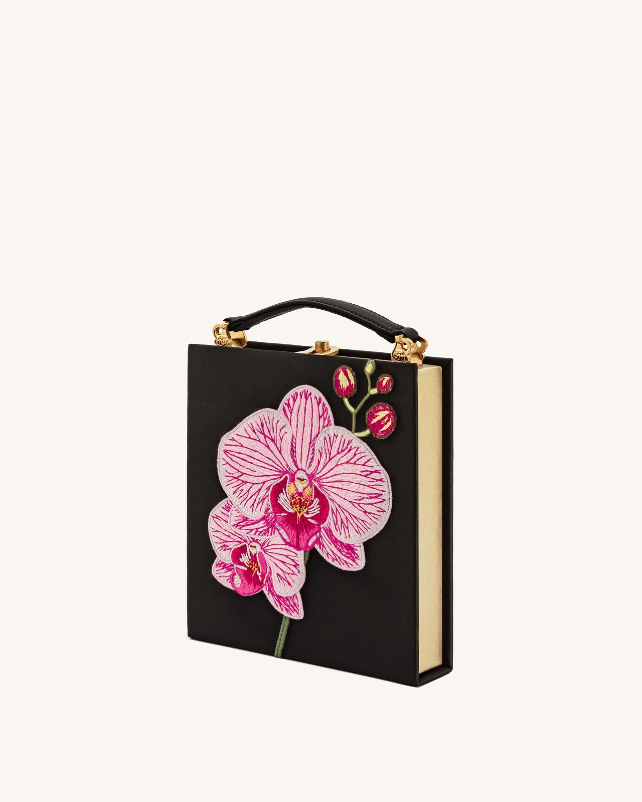 Pochette Taya en forme de livre avec motif d’orchidée – Noir