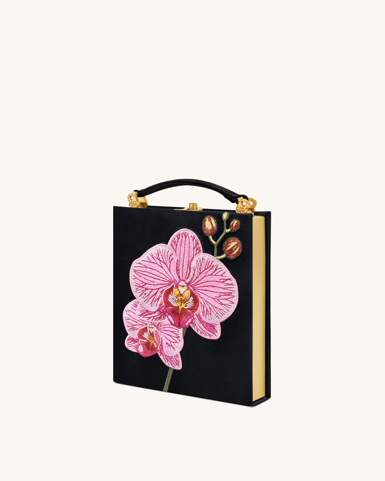 Pochette Taya en forme de livre avec motif d’orchidée – Noir