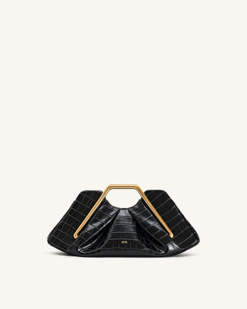 Pochette rigide Lila en faux croco avec cadre métallique - Noir