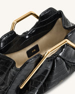 Pochette rigide Lila en faux croco avec cadre métallique - Noir