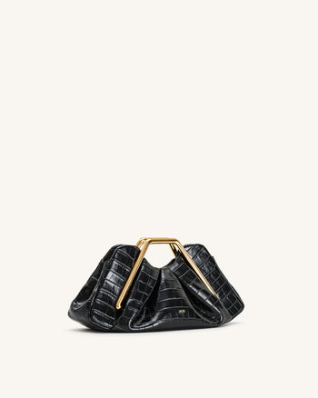 Pochette rigide Lila en faux croco avec cadre métallique - Noir