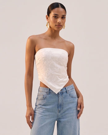 Haut style foulard sans bretelles brodé d'orchidées - Blanc