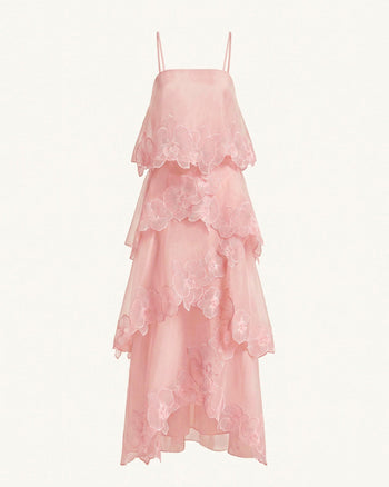 Robe longue superposée brodée d'orchidées - Rose poudré