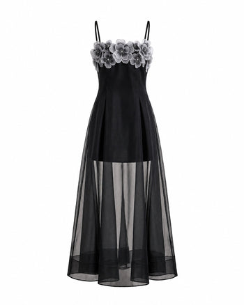 Robe longue superposée transparente à broderies florales - Noir