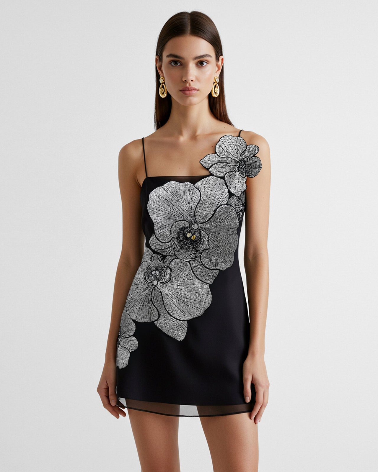 Robe courte à appliqués orchidée - Noir/Argent