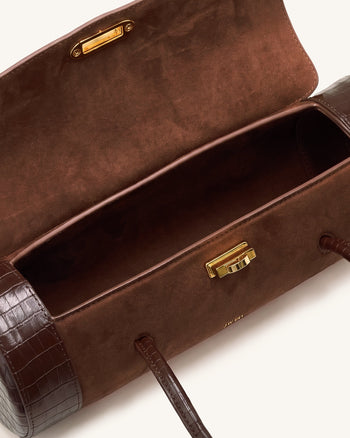 Maelis Sac baril en faux daim avec garniture façon croco - Marron foncé