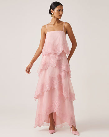 Robe longue superposée brodée d'orchidées - Rose poudré