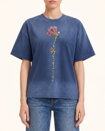 T-shirt carré délavé à l'acide avec rose en strass - Bleu vintage