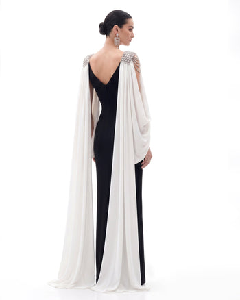 Robe longue cape épaules en cristal - Noir & Ivoire