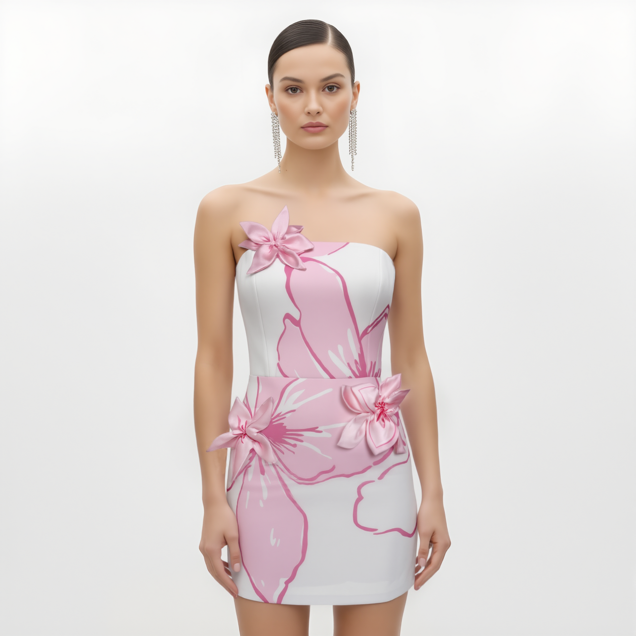 Robe courte avec appliqués floraux roses - Blanc/Rose