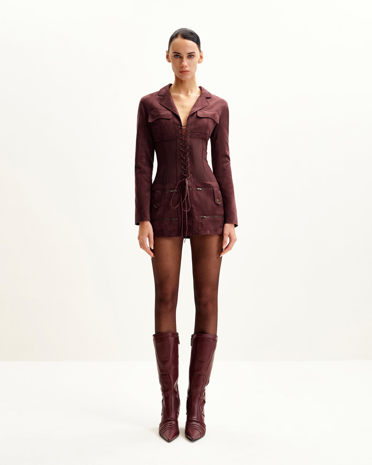 Robe courte avec veste corset en suédine - Bordeaux