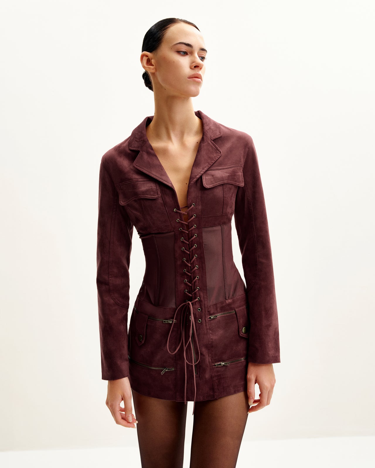 Robe courte avec veste corset en suédine - Bordeaux