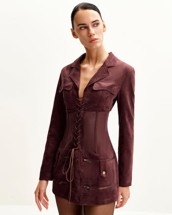 Robe courte avec veste corset en suédine - Bordeaux