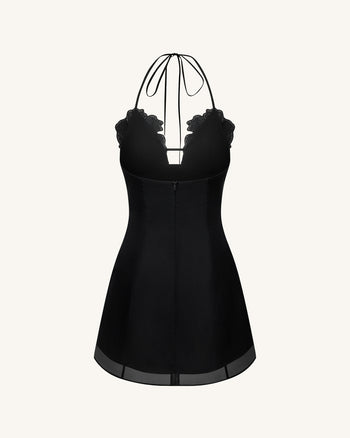 Robe Mini Brodée de Fleurs - Noire