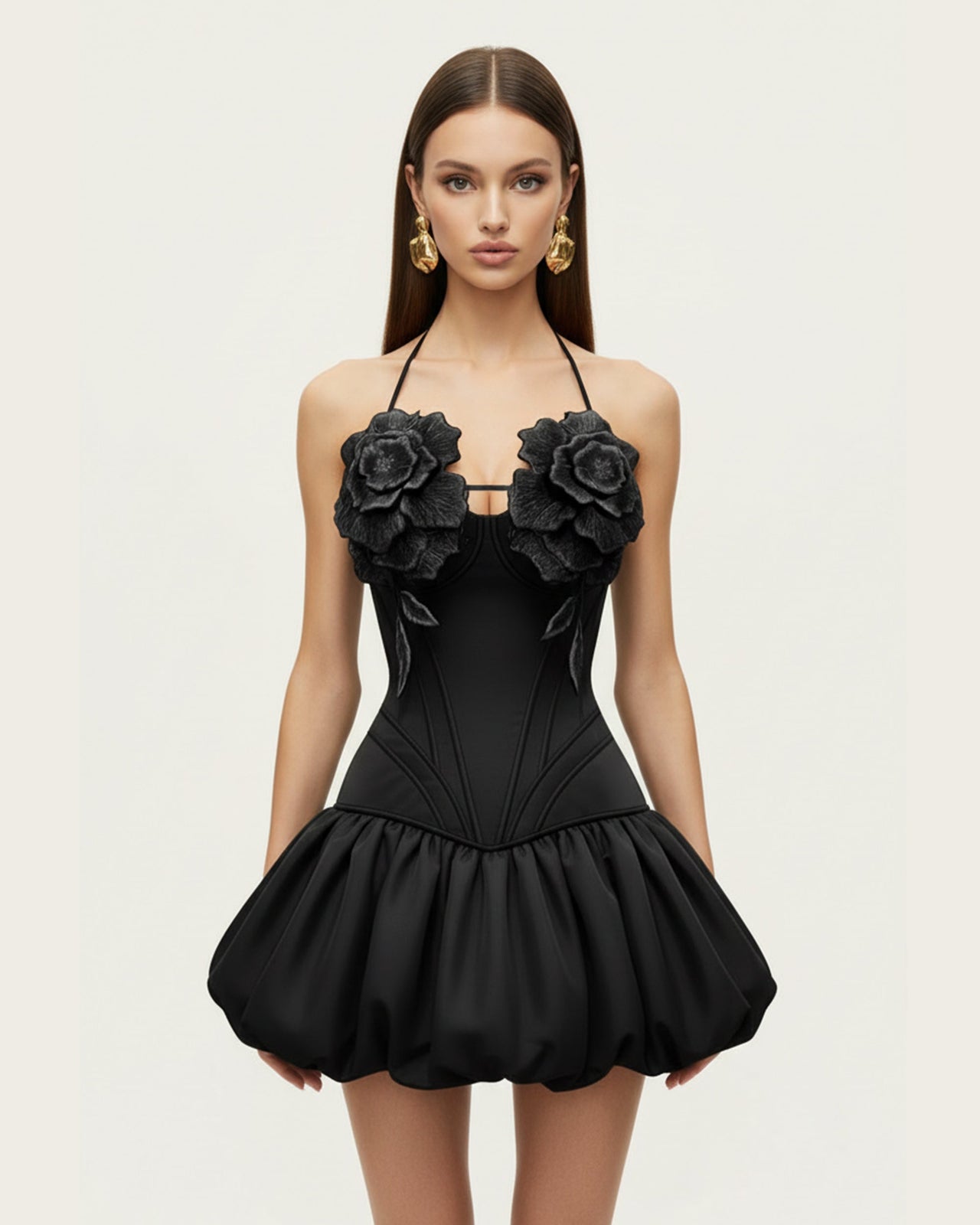 Robe mini à col licou et motifs floraux 3D - Noir