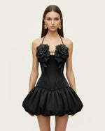 Robe mini à col licou et motifs floraux 3D - Noir