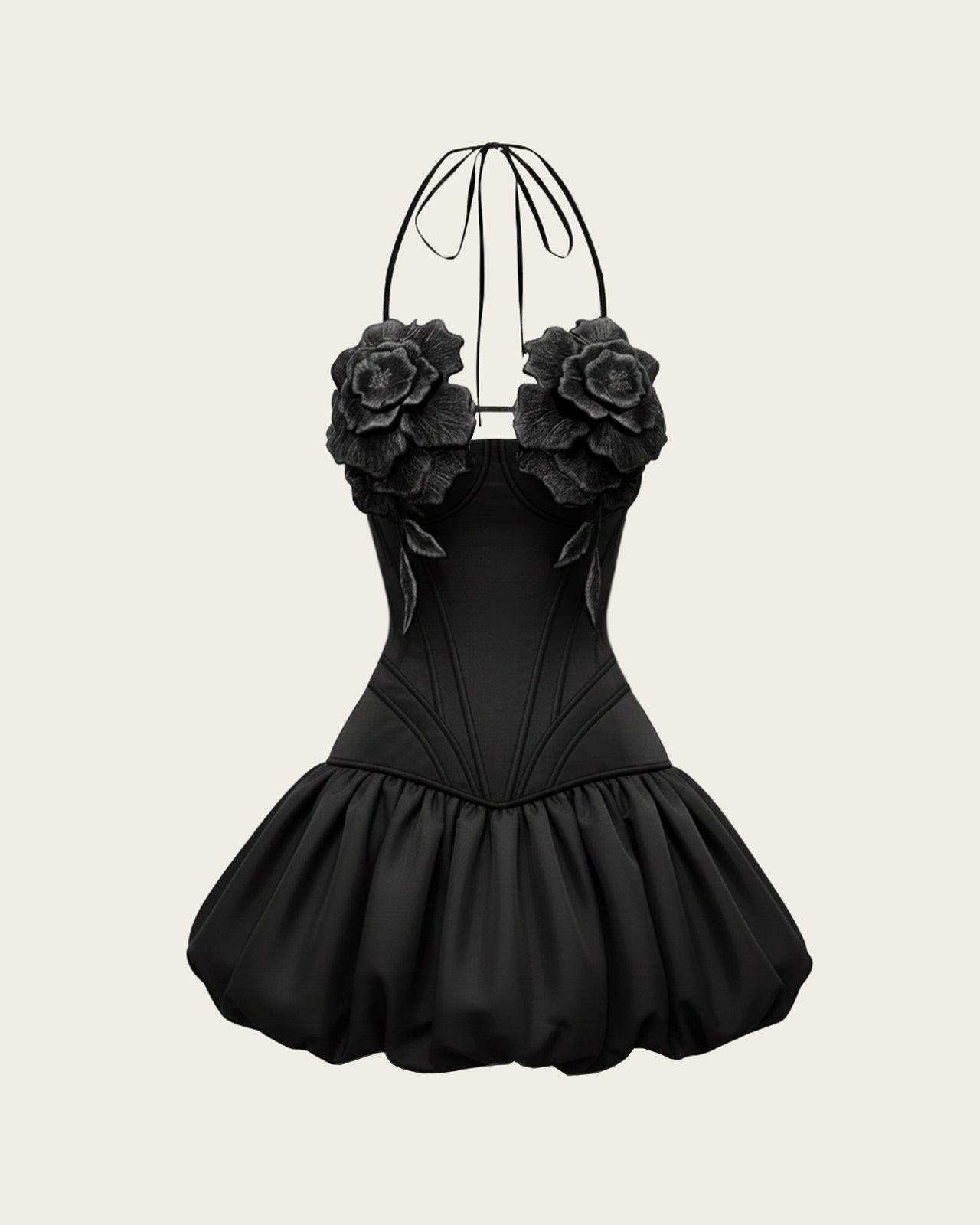 Robe mini à col licou et motifs floraux 3D - Noir