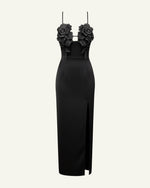 Robe longue à fines bretelles fleurie 3D - Noir