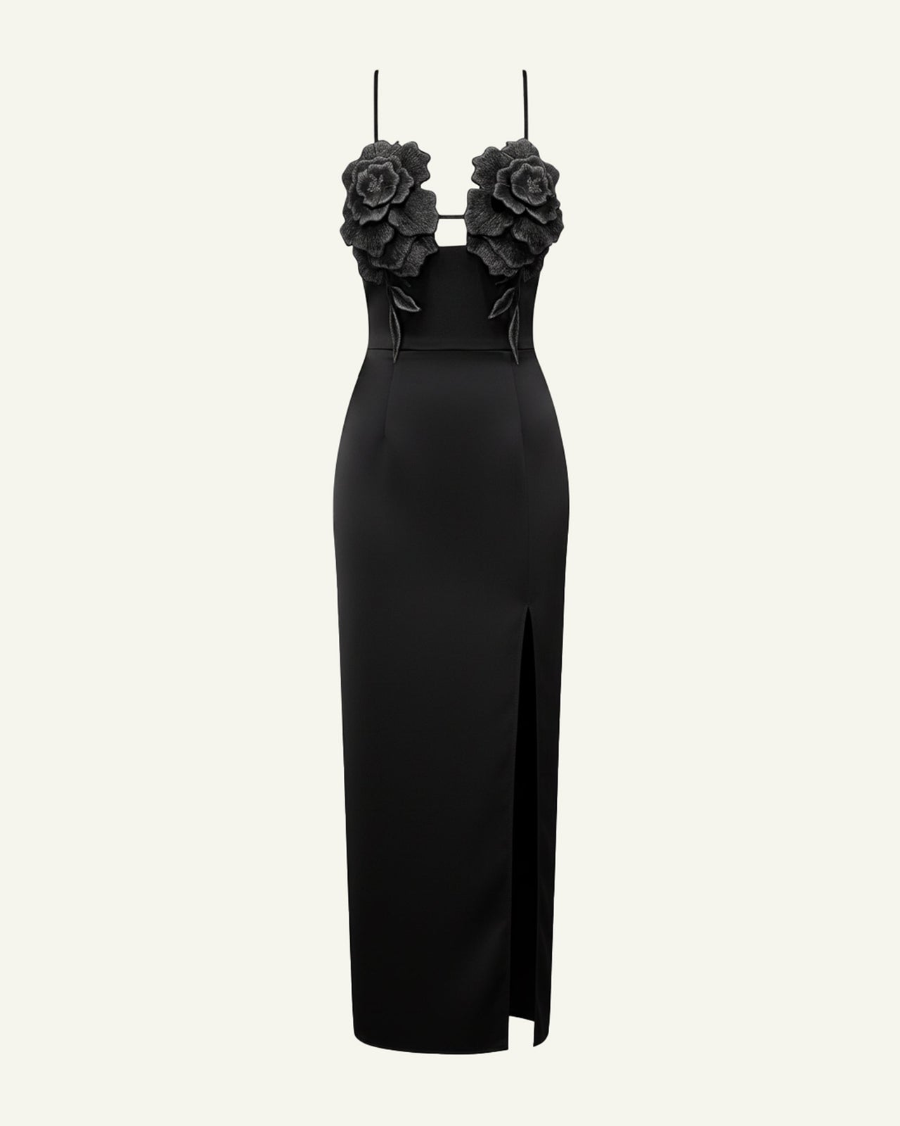 Robe longue à fines bretelles et motifs floraux 3D - Noir