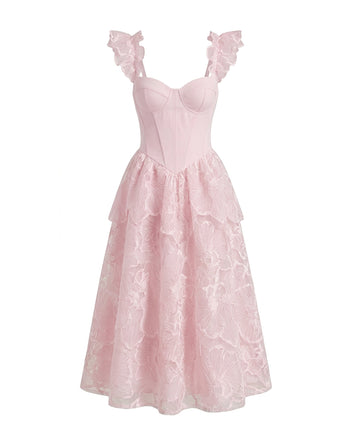 Robe midi à manches volantées et broderies orchidées - Rose poudré