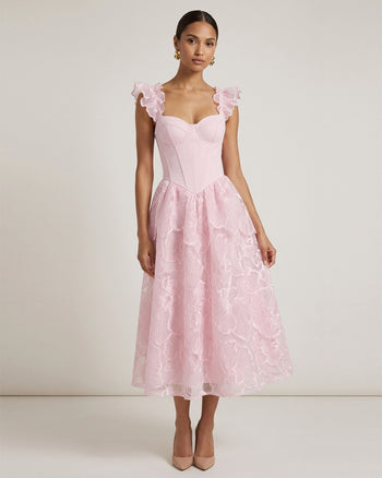 Robe midi à manches volantées et broderies orchidées - Rose poudré