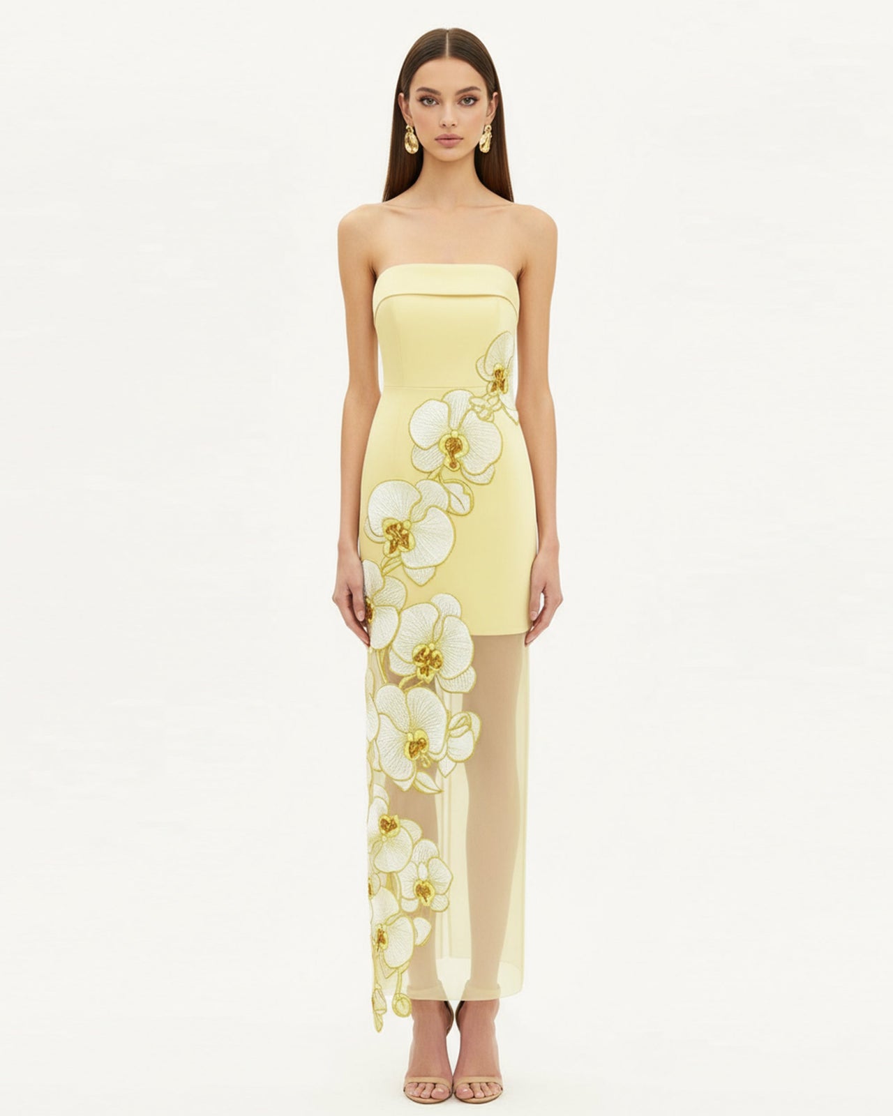Robe brodée d'orchidées – Jaune