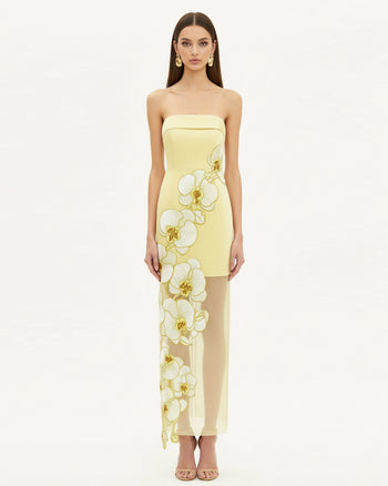 Robe brodée d'orchidées – Jaune