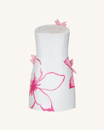 Robe courte avec appliqués floraux roses - Blanc/Rose