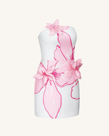 Robe courte avec appliqués floraux roses - Blanc/Rose