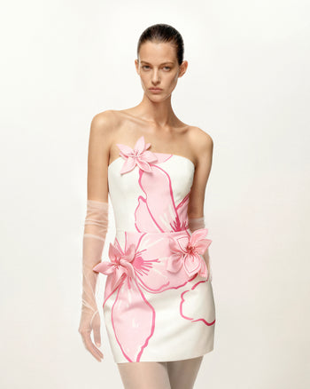Robe courte avec appliqués floraux roses - Blanc/Rose