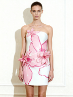 Robe courte avec appliqués floraux roses - Blanc/Rose