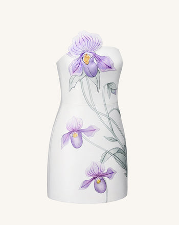 Robe courte à appliqué d'orchidée sabot - Blanc