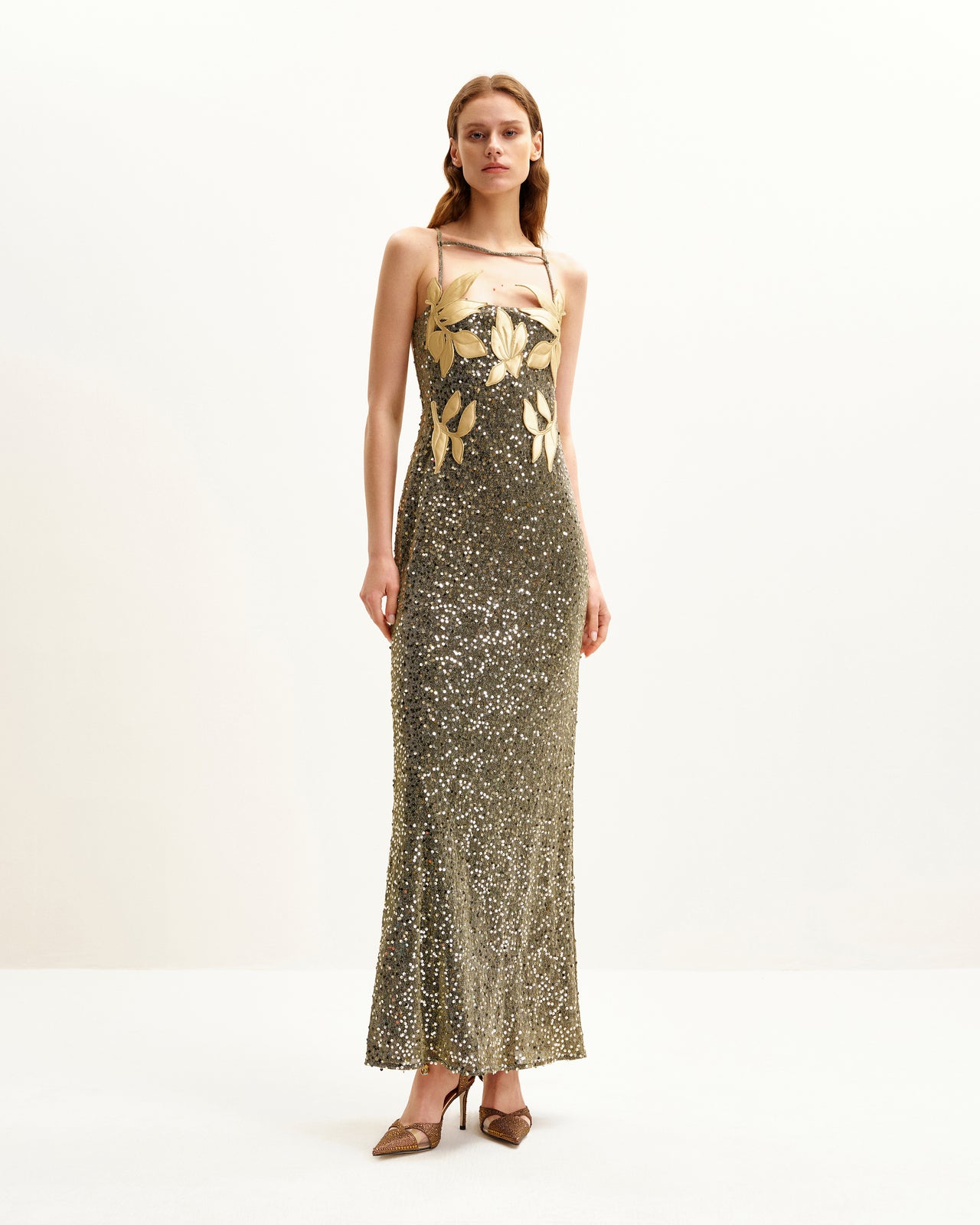 Robe Araminta Pailletée avec Détails Floraux - Dorée