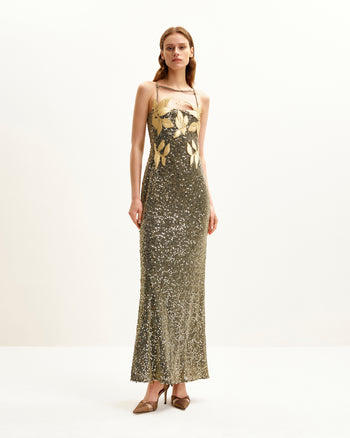 Robe Araminta Pailletée avec Détails Floraux - Dorée