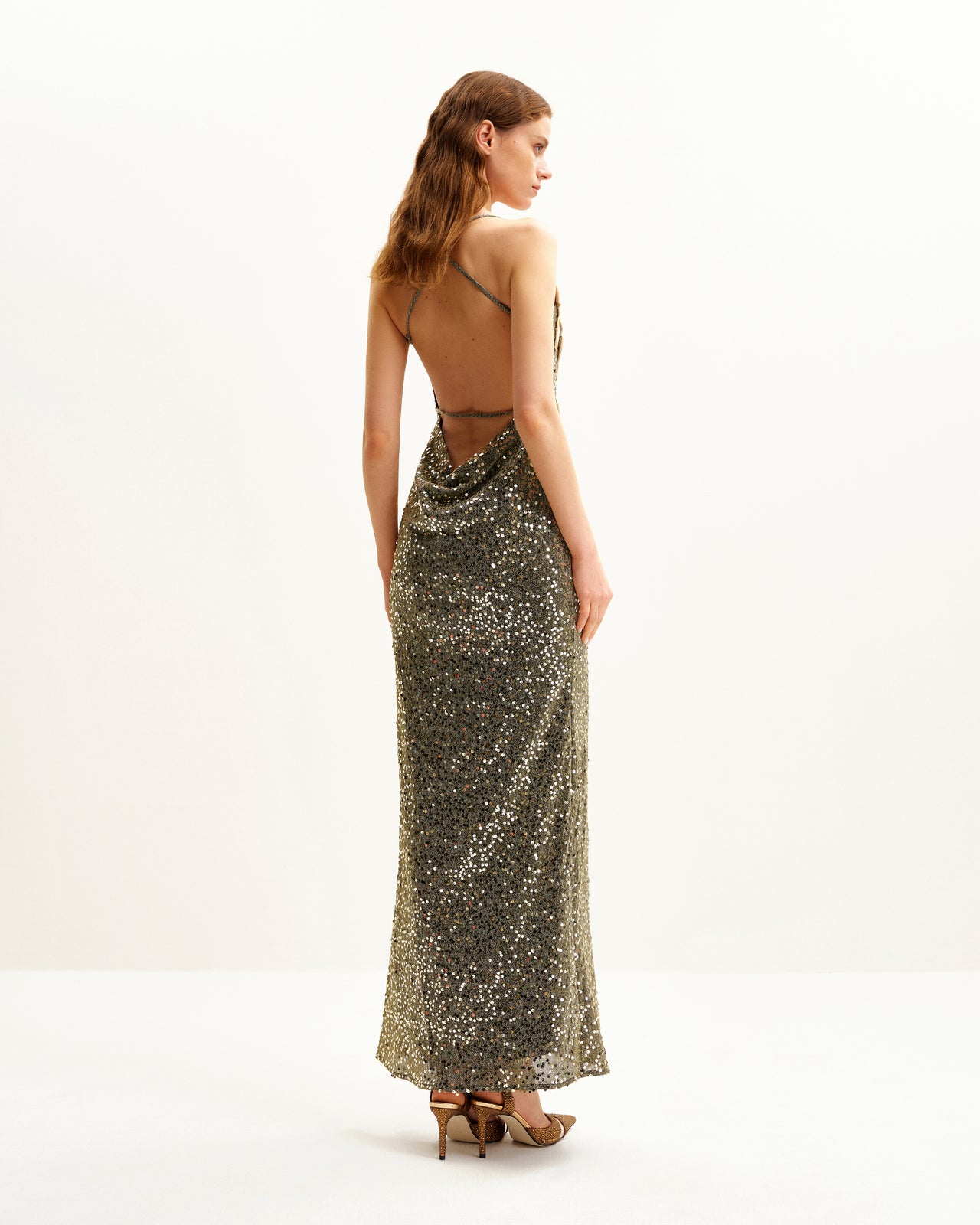 Robe Araminta Pailletée avec Détails Floraux - Dorée